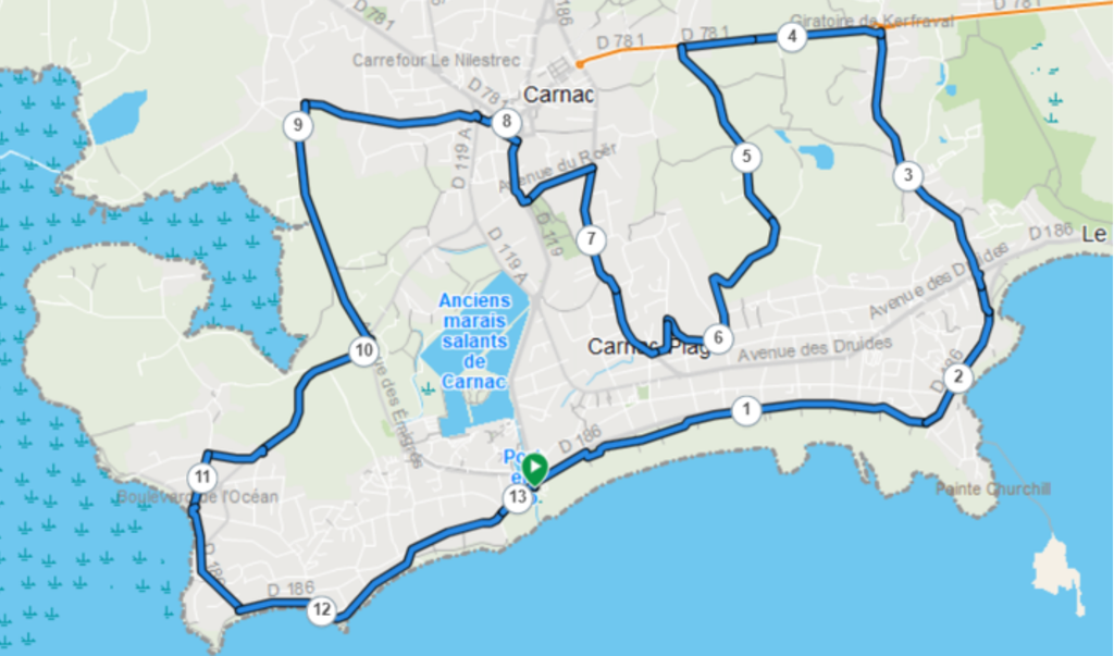 Parcours course à pied du Triathlon M de Carnac